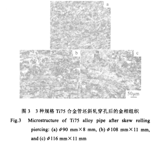 3種規(guī)格Ti75合金管坯斜軋穿孔后的金相組織 3種規(guī)格Ti75合金管坯斜軋穿孔后的金相組織